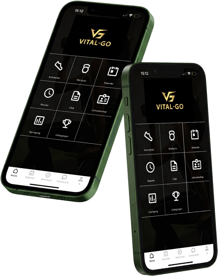 Twee telefoons met de Vital-GO app en toegang tot trainingen, rooster en voortgang.